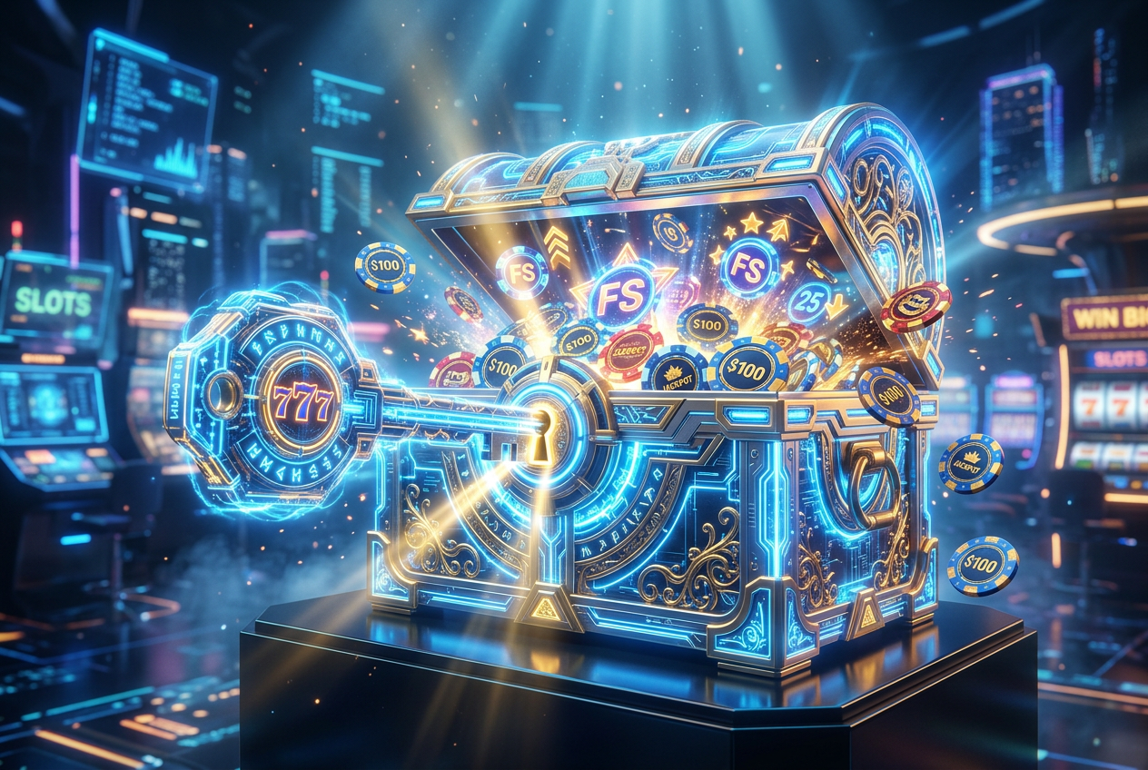 Konceptuální zobrazení odemykání bonusů a free spinů v online casinu