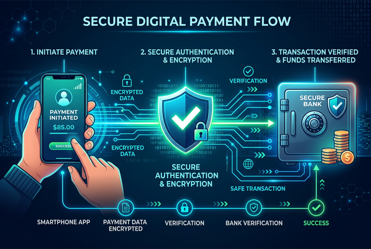 Modern infographic of a secure digital payment flow with bank vault and cybersecurity icons