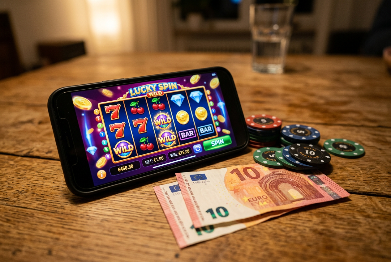 Close-up of a smartphone displaying a colorful slot game, 10 euro banknotes and gambling chips nearby on a wooden table, warm ambient lighting, strategic gaming concept