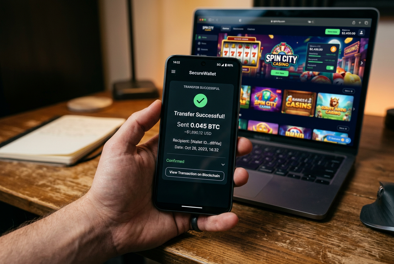 Digitální krypto peněženka potvrzující rychlý výběr z online kasina na smartphonu