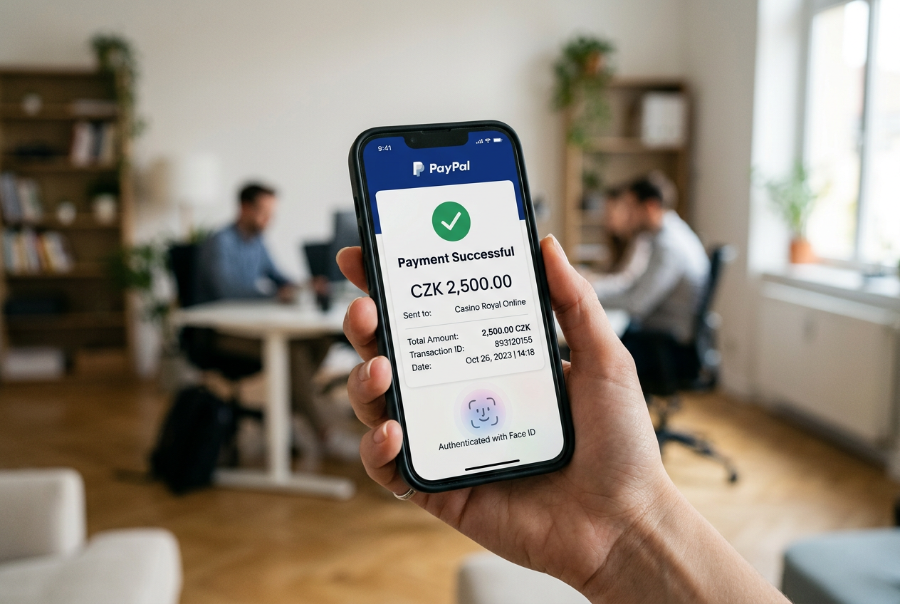 Uživatelské rozhraní PayPal při potvrzení vkladu do online kasina v CZK
